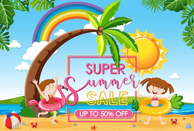 Free Vector hello summer sale banner with many kids at the beach