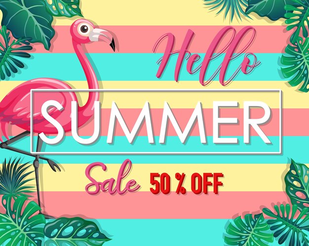 Hello Summer Sale banner with tropical leaves