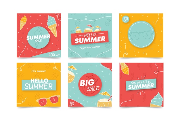 Free vector hello summer sale instagram post collection