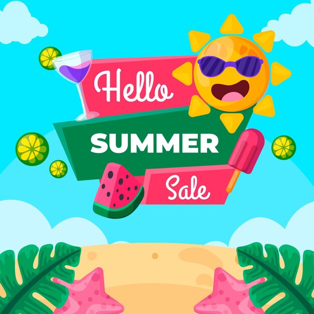 Hello summer sale with sun and beach