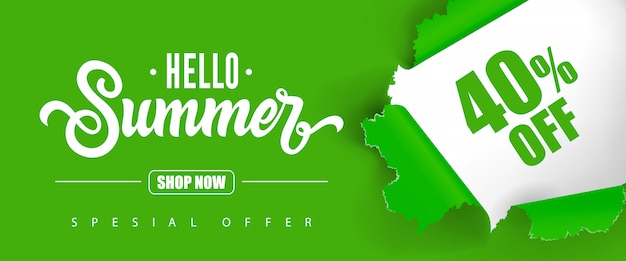 Hello summer Shop now Special offer Forty percent off lettering. 