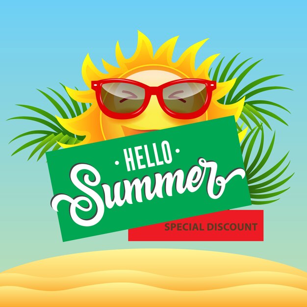 Hello summer, special discount poster with cartoon smiling sun in sunglasses, tropical leaves