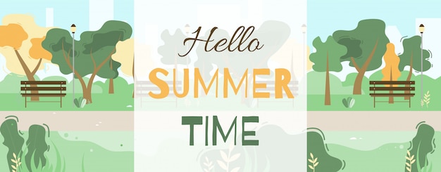 Hello Summer Time Greeting Banner with Cartoon