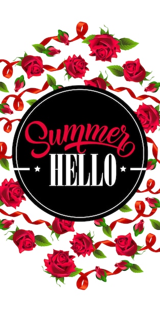 Free Vector hello summer vertical banner with red ribbons and roses. 