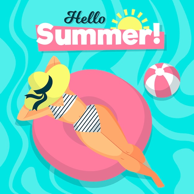 Free Vector hello summer with woman at the pool