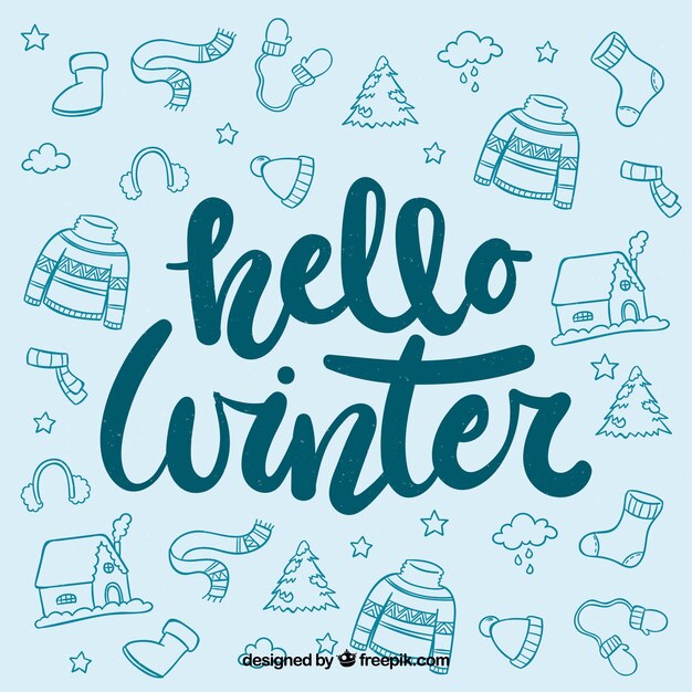 Hello winter blue hand drawn background