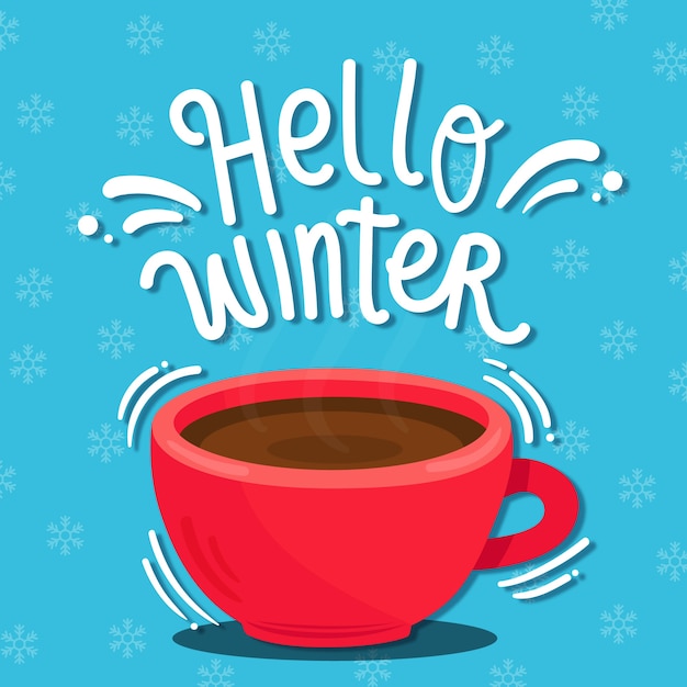 Free Vector hello winter lettering on blue background with snowflakes