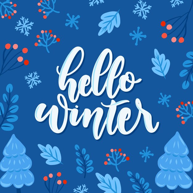 Hello winter lettering on blue background