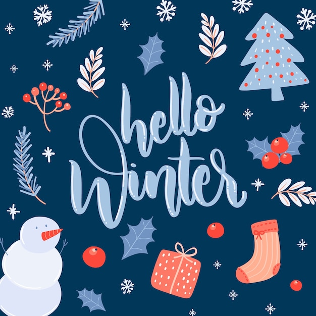 Hello winter lettering on dark blue background