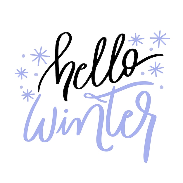 Hello winter lettering with cute small snowflakes