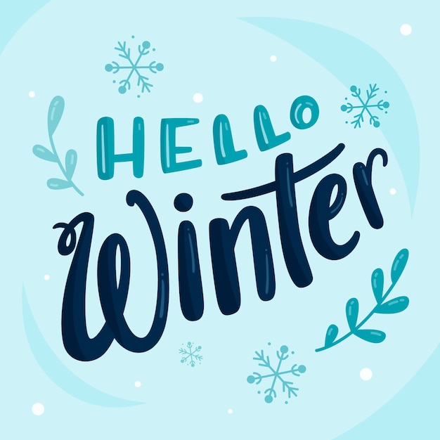 Hello winter lettering with snowflakes