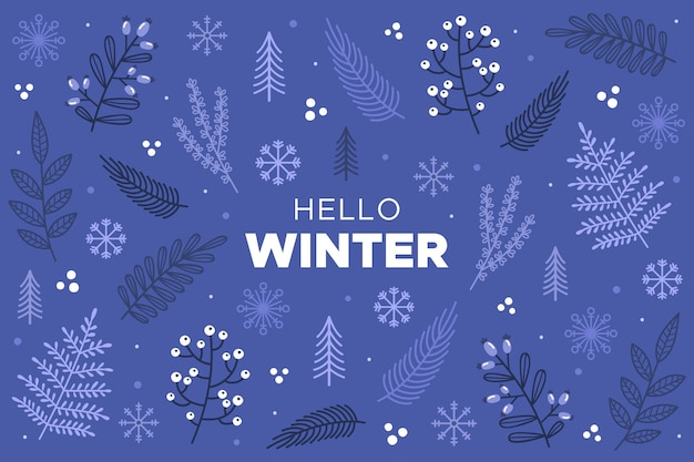 Hello winter text on drawn background