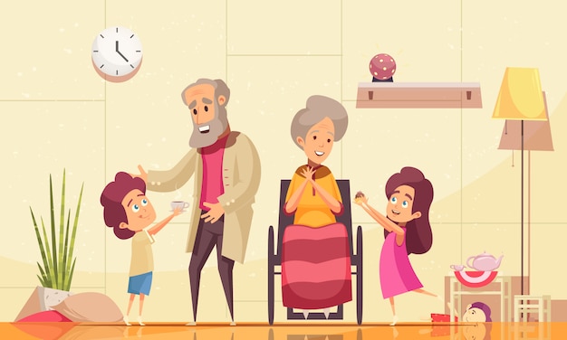 Helping elderly people home flat cartoon composition with grandchildren serving coffee cakes to old grandparents