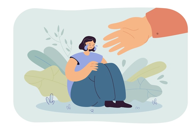 Free vector helping hand for depressed crying person. cartoon illustration