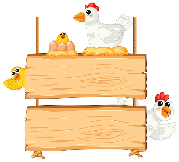 Free vector hen eggs and chick on wooden board frame