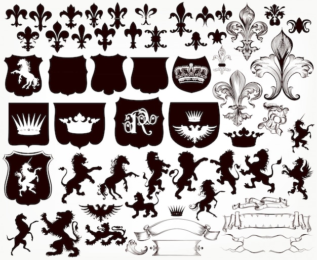 Free Vector heraldic collection of shields, silhouettes of lions, griffins and fleur de lis