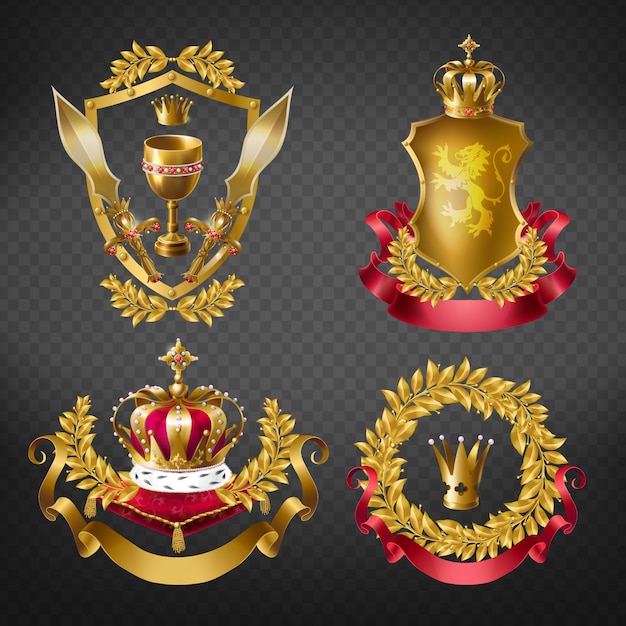 Free Vector heraldic royal emblems with golden monarch crowns, shield, laurel branches wreath, ribbon, goblet and sword 