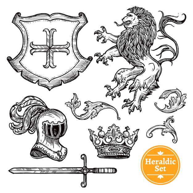 Heraldic Symbols Set Black Doodle Sketch