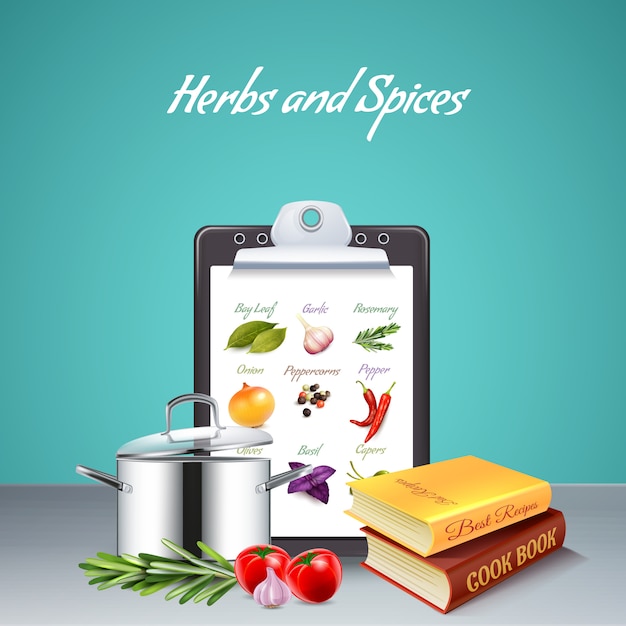 Free Vector herbs and spices realistic with cook book