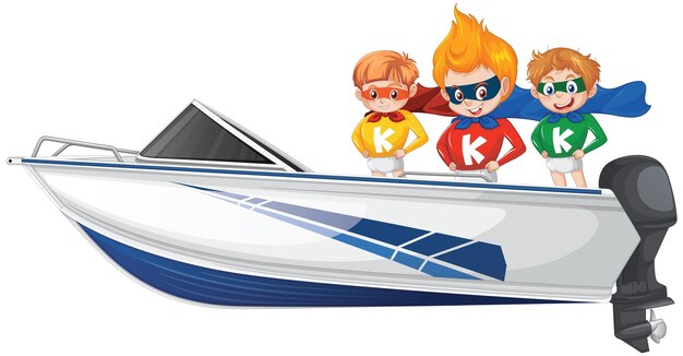 A Hero Boy and girl standing on a speeding boat on a white backg