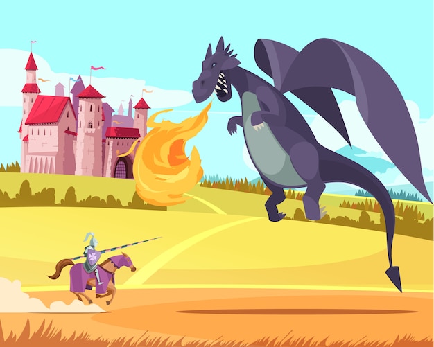 Hero knight ridder fighting fierce huge fierce dragon in front of medieval kingdom castle cartoon