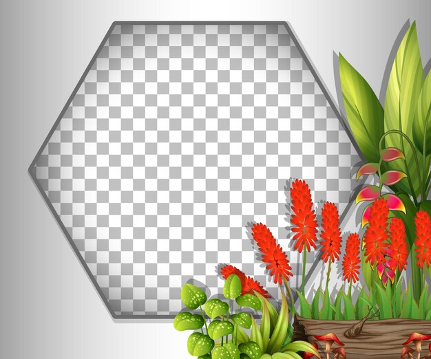 Hexagon frame transparent with red flowers and leaves template