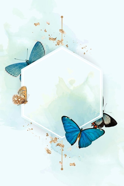 Hexagon frame with blue butterflies patterned background