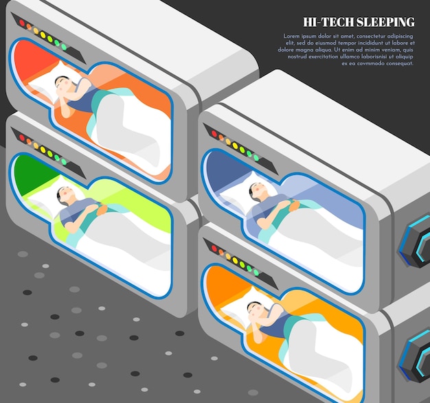 Free Vector hi-tech sleeping isometric and colored background with sleeping people in smart capsule hotel