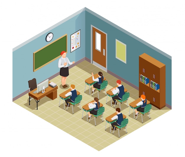 Free Vector high school isometric people composition with class room interior and characters of female teacher and students illustration