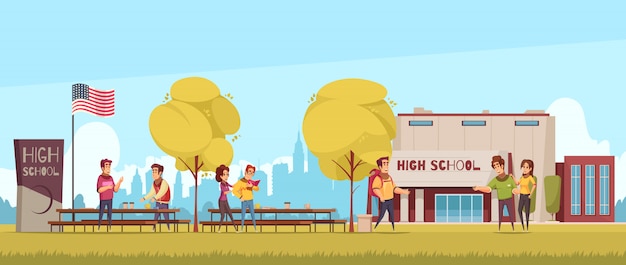 Free Vector high school territory with educational building students during communication on blue sky background cartoon 