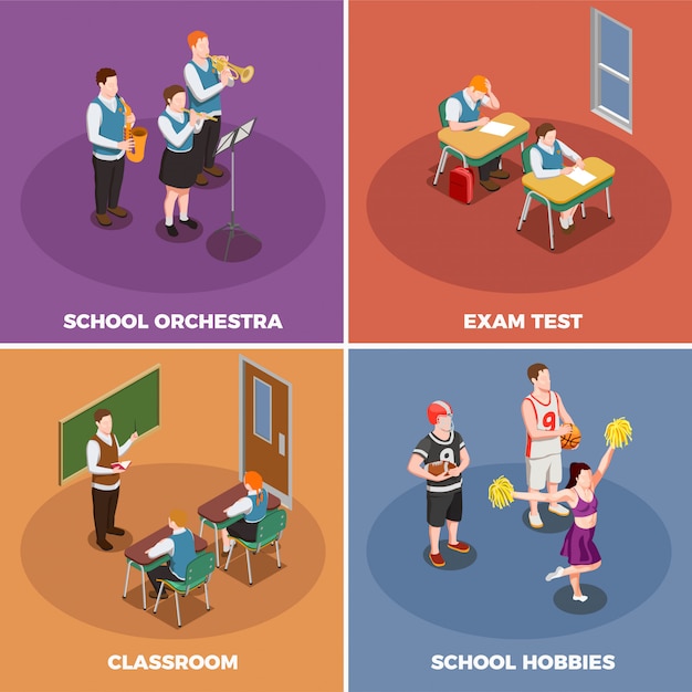 Free Vector high school with students and their various activities illustration