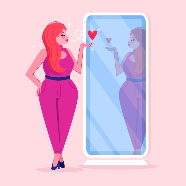 High self-esteem illustration with woman and mirror