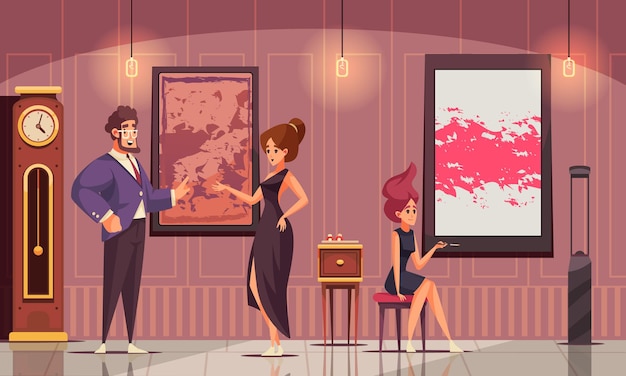 Higher society flat composition with rich man demonstrated his art collection to young women in evening dresses illustration