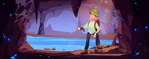 Free Vector hiker man travel in mountain cave