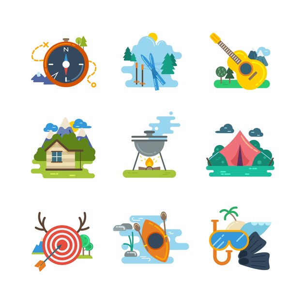 Hiking, camping flat icons collection. Kayaking and diving, skiing and hunting, vector illustration