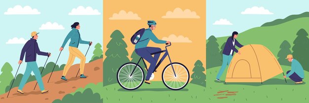 Hiking design concept with people walking with scandinavian sticks riding bike setting up camp tent flat vector illustration