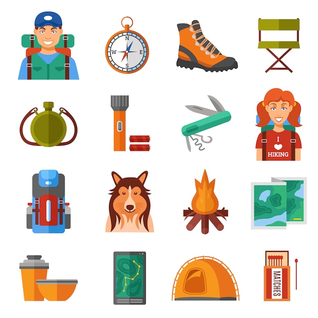 Hiking Flat Color Icons Set 