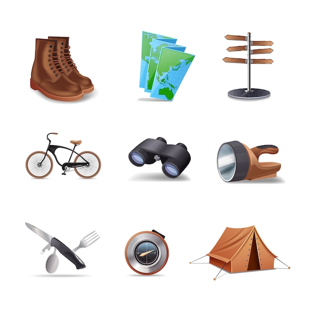 Hiking realistic decorative icons set 