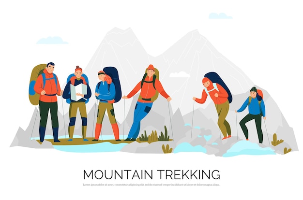 Hiking trekking tours flat composition with mountaineers in harness with climbing equipment mountain peaks on background