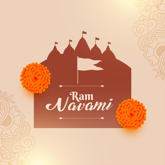 Hindu ram navami festival wishes greeting with temple and flag