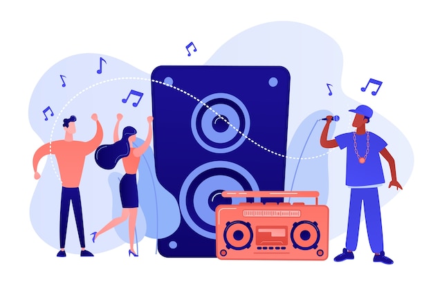 Free Vector hip hop singer with microphone at music speaker and tiny people dancing at concert. hip hop music, hip hop party, rap music classes concept. pinkish coral bluevector isolated illustration