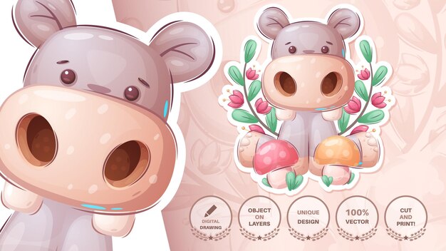 Hippo with mushroom - cute sticker