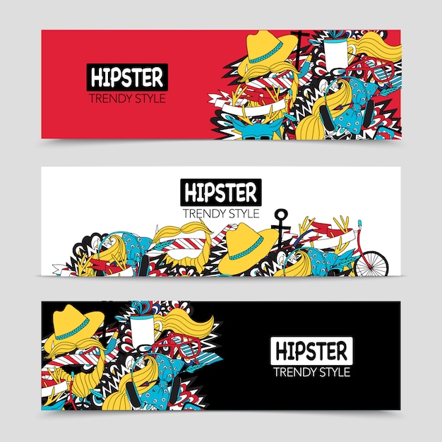 Free Vector hipster 3 interactive horizontal banners set