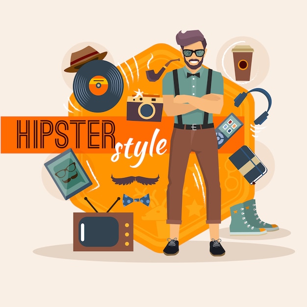 Hipster character pack for geek man with fashion accessory and objects