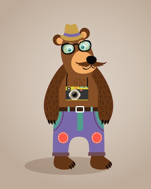 Free vector hipster geek animal teddy bear with glasses mustache and camera vector illustration