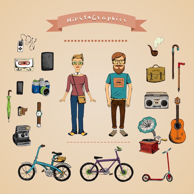 Free Vector hipster infographic concept with man, girl and accessories isolated