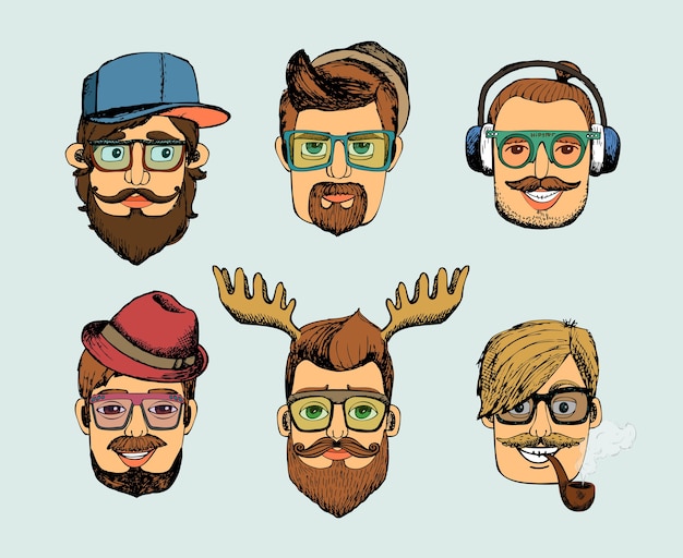 hipster man heads avatars with mustache beard glasses pipe and horns