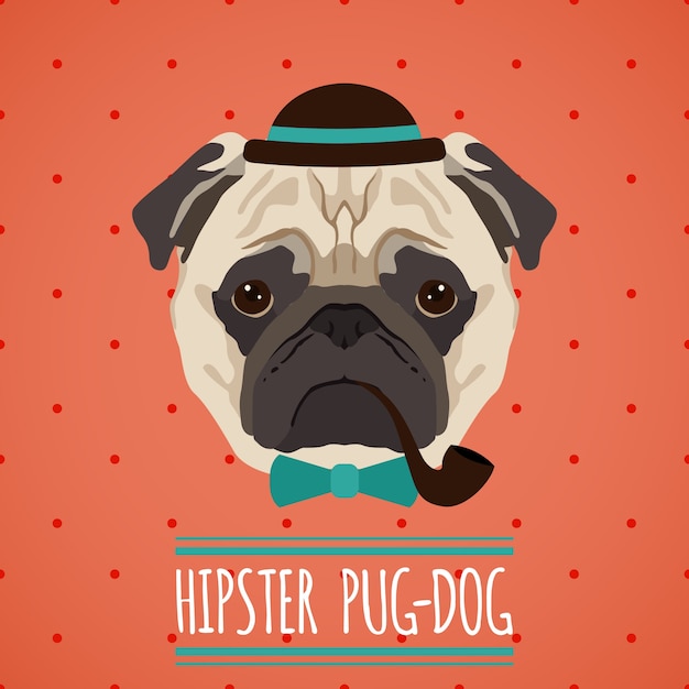 Free Vector hipster pug dog with hat smoking pipe and bow tie portrait with ribbon poster vector illustration