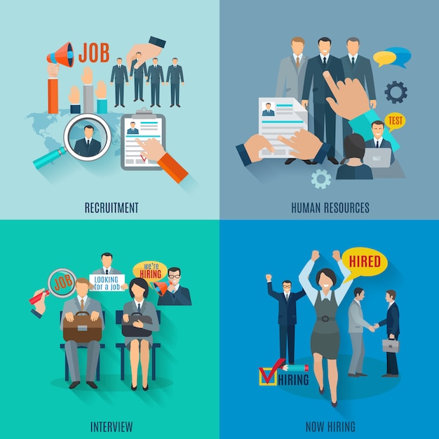 Hire concept set with human resources recruitment flat icons isolated