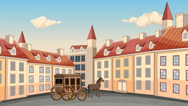 Free Vector historical european city square with horse carriage